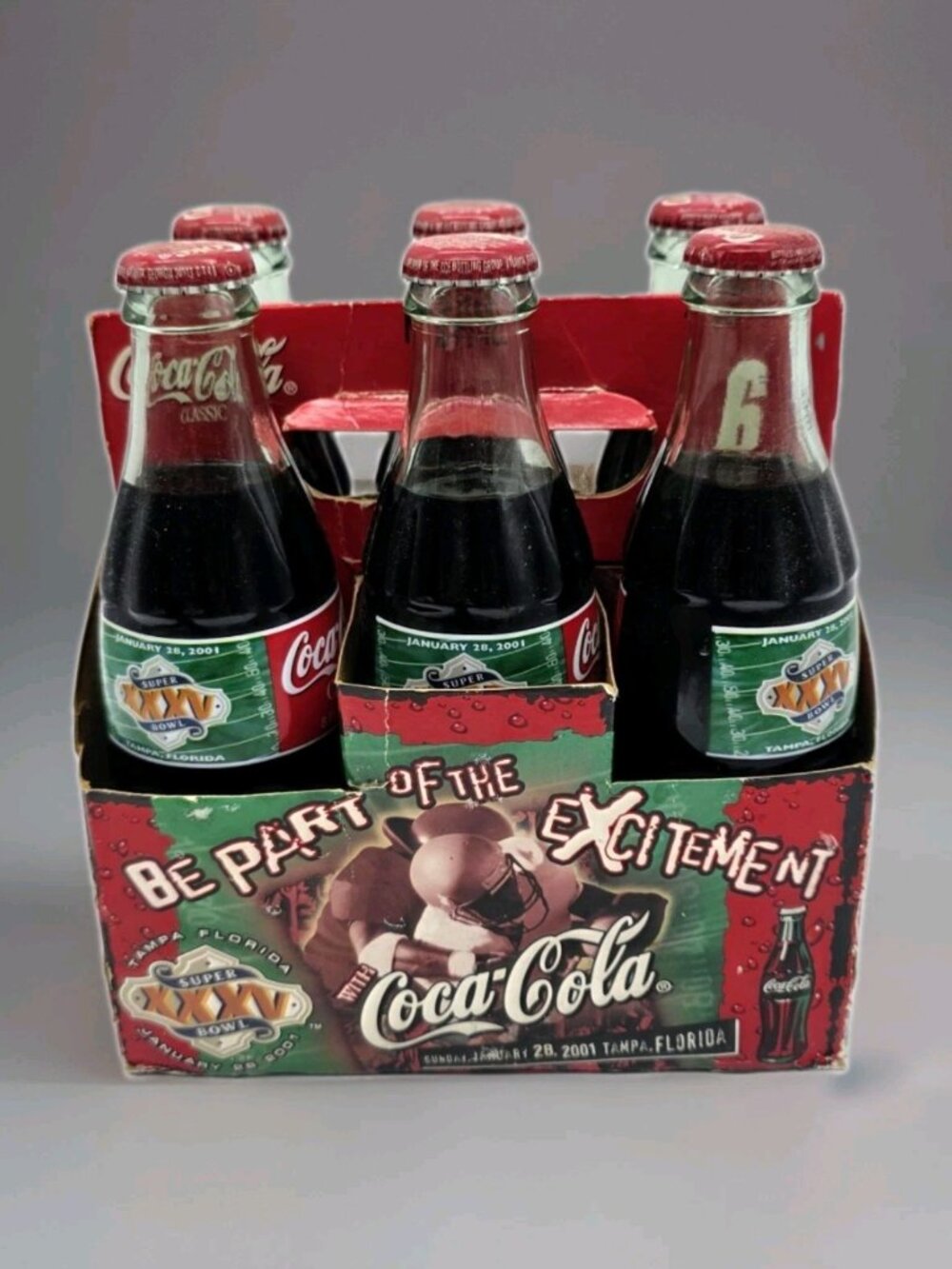 Coca Cola 6 Pack Carton of Super Bowl XXXV Bottles 2001 Tampa, Florida Unopened